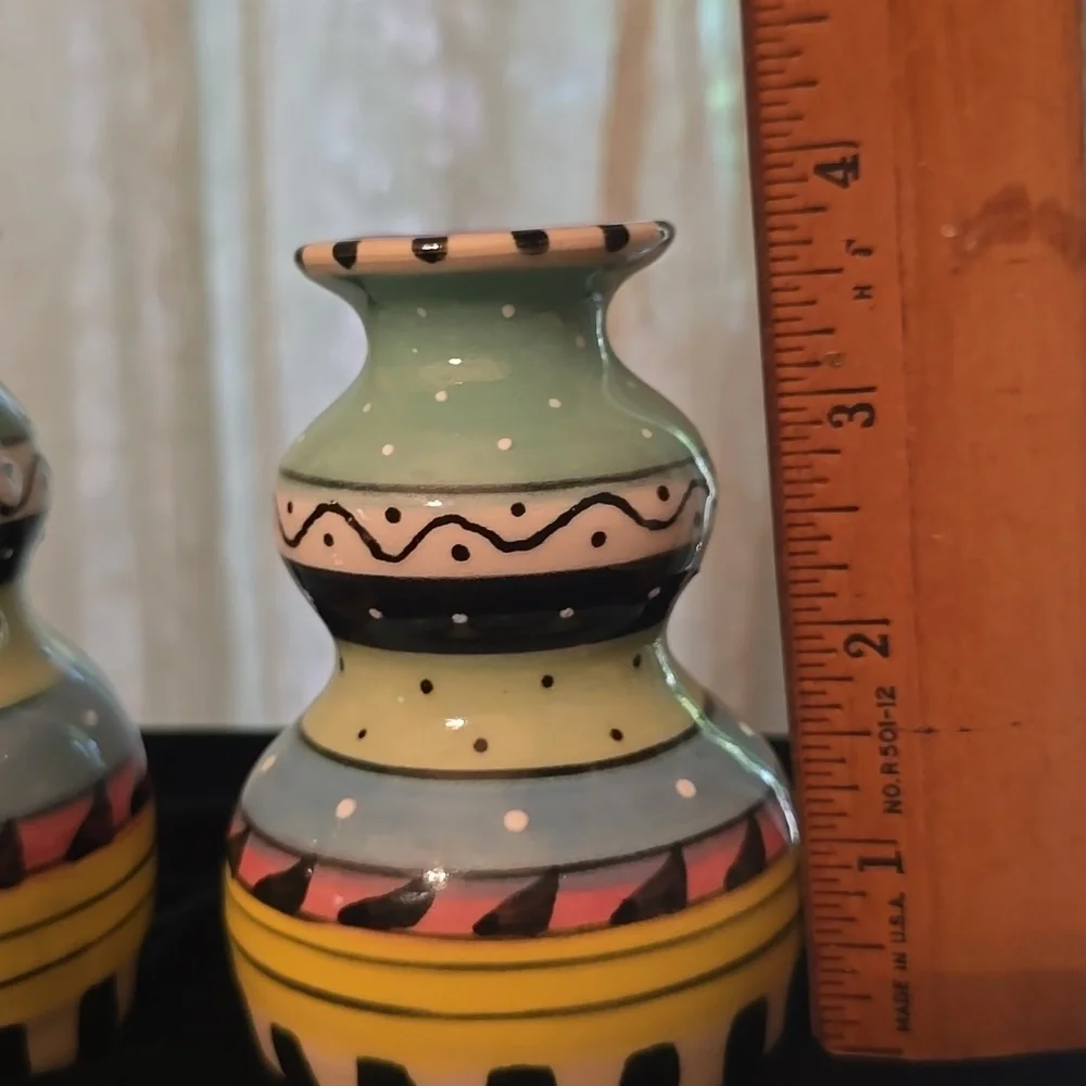 KMM Art Pottery Colorful Taper‎ Candlestick Holders Signed Whimsical
